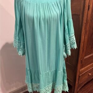 Teal Off-Shoulder Lace Swim Cover Up